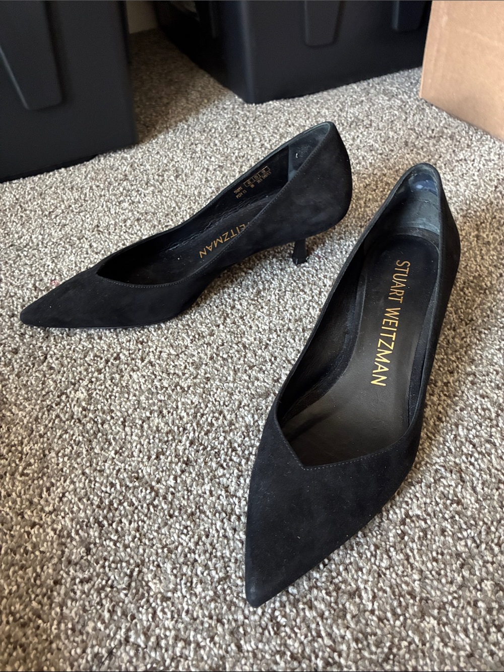 Stuart Weitzman Black Pointed-Toe Suede Kitten Heel Pumps